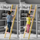 Safe bunk bed with desk showing a sturdy ladder and string lit guardrail above a corner workspace