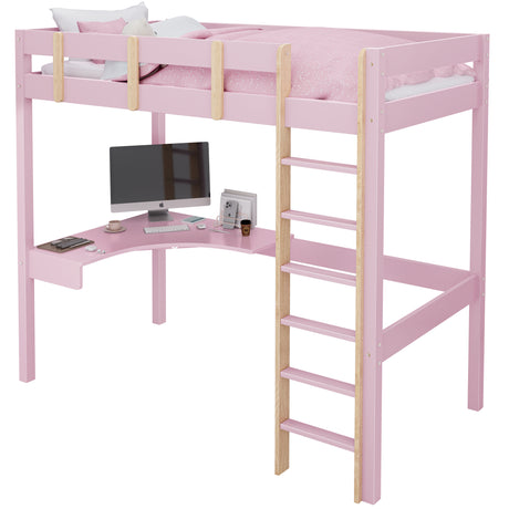 Pink high sleeper bunk bed with wooden ladder, desk, and Apple computer for girls.