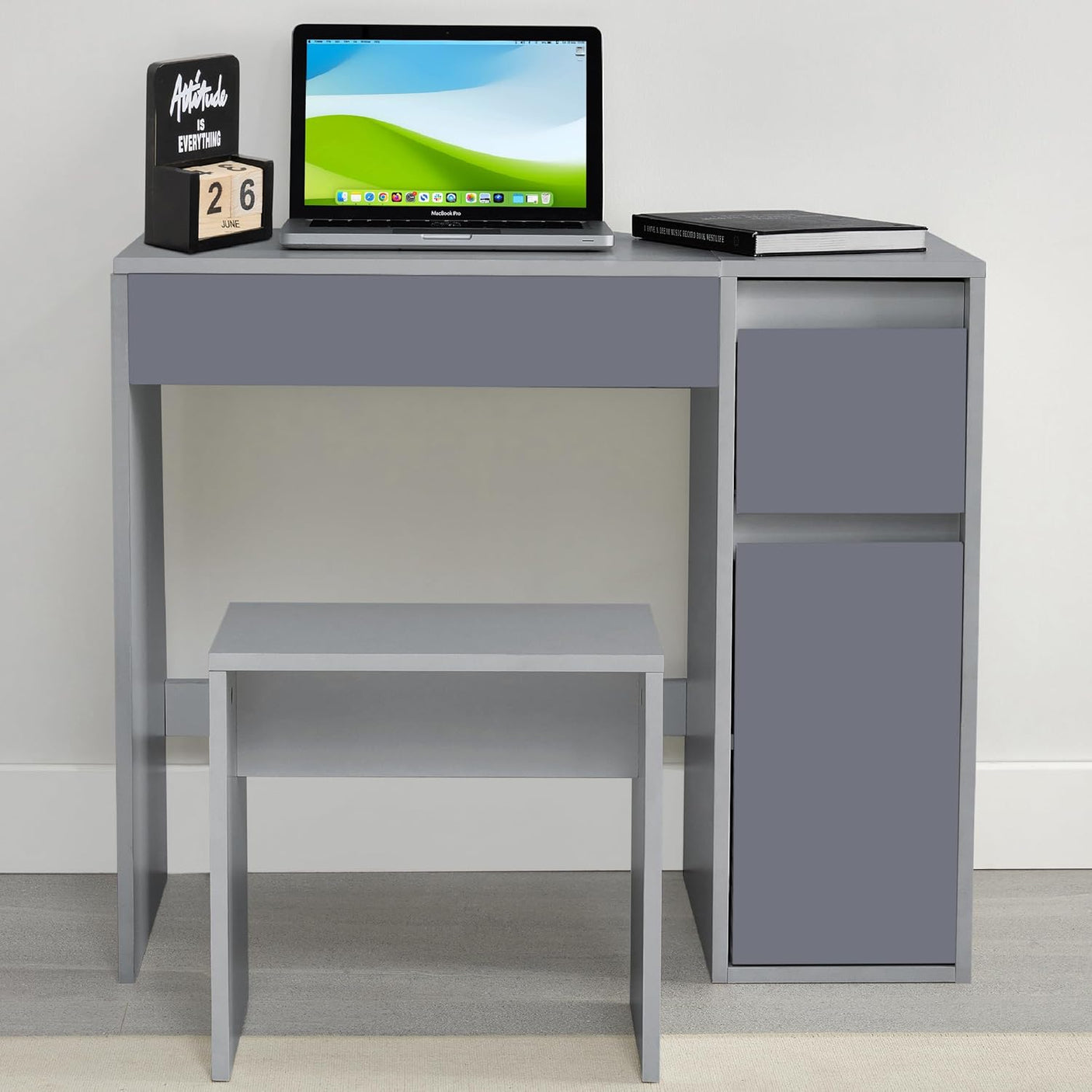 Small dressing table with flip-up mirror and stool in grey, featuring storage drawers and a compact modern design for makeup desk and writing desk.