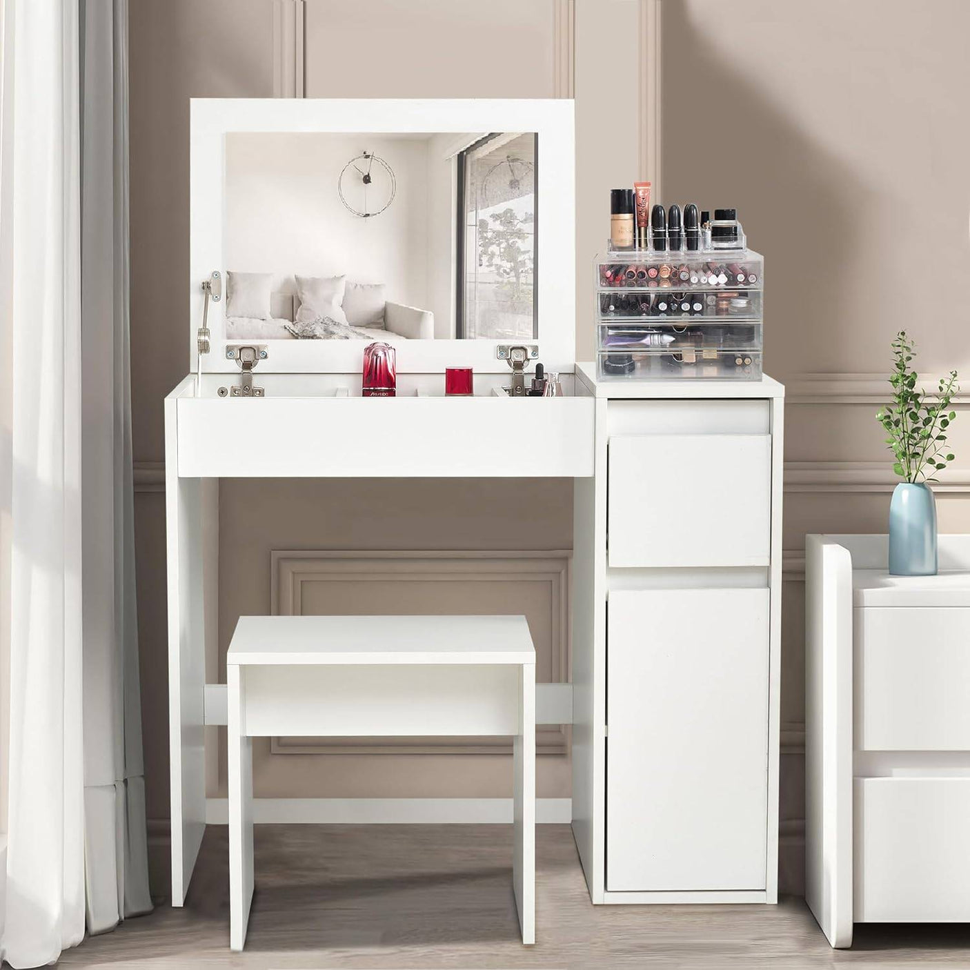 Small dressing table with flip-up mirror and stool, featuring built-in storage and a modern white finish, ideal for compact bedroom vanity setups.
