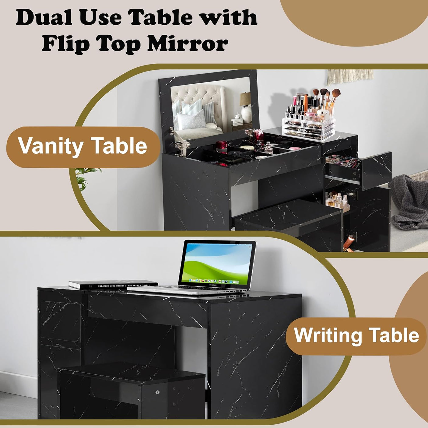Small dressing table with flip-up mirror and stool in black marble finish, used as a vanity table with organized makeup storage compartments.