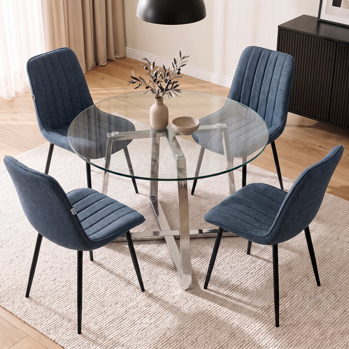 [Blue] Kyvon dining set with 110cm round table, chrome legs and 4 blue chairs in dining room