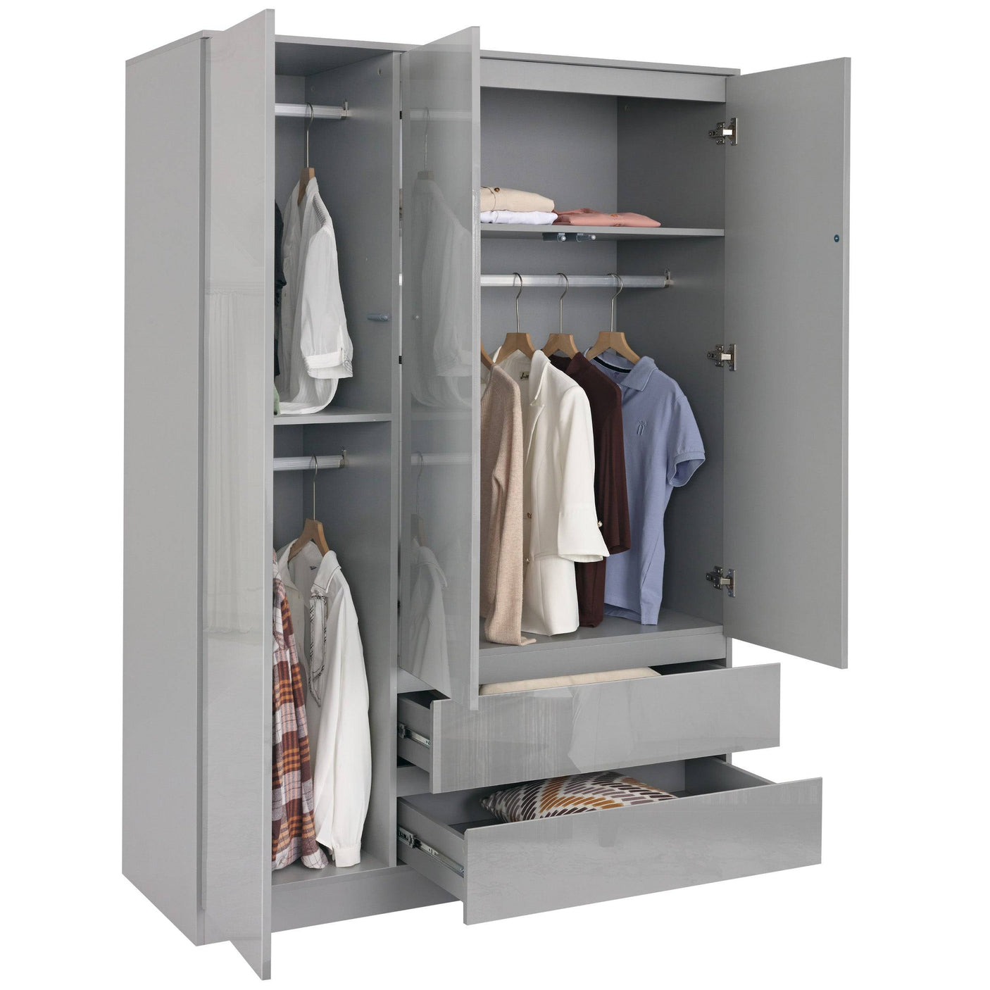 Grey high gloss wardrobe with drawers, shelves and hanging rails. 