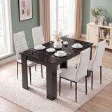 [4 Seater | White] Gloss Black Marble Finish 4-6 Seater Dining Table and Chairs Set showing four white chairs and plates.