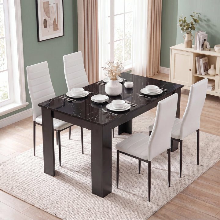 [4 Seater | White] Gloss Black Marble Finish 4-6 Seater Dining Table and Chairs Set showing four white chairs and plates.
