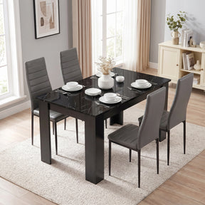 [4 Seater | Grey] Gloss Black Marble Finish 4-6 Seater Dining Table and Chairs Set showing four grey chairs and plates.