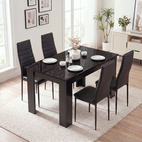 [4 Seater | Black] Gloss Black Marble Finish 4-6 Seater Dining Table and Chairs Set with four chairs.