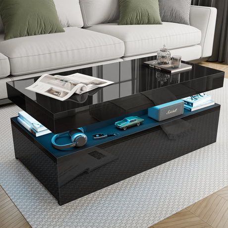 Black coffee table with various items in a living room setting