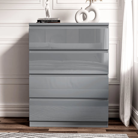 High Gloss 4 Drawer Chest of Drawers in sleek grey finish, perfect for modern bedroom storage. Features handleless design for a minimalist look.