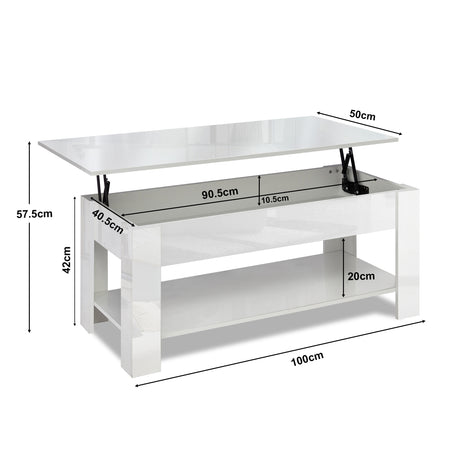 Lift-top white coffee table with storage, sleek modern design and dimensions for living rooms.