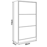 White high gloss shoe cabinet measurements: width: 60 cm, depth 24 cm, and height: 112 cm.