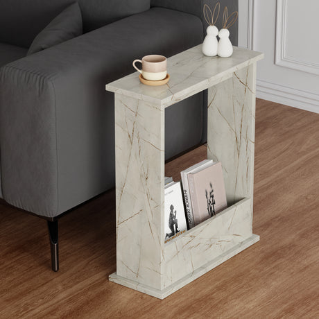 Gold veins small side tables for living room, styled with coffee on top and books neatly stored below.