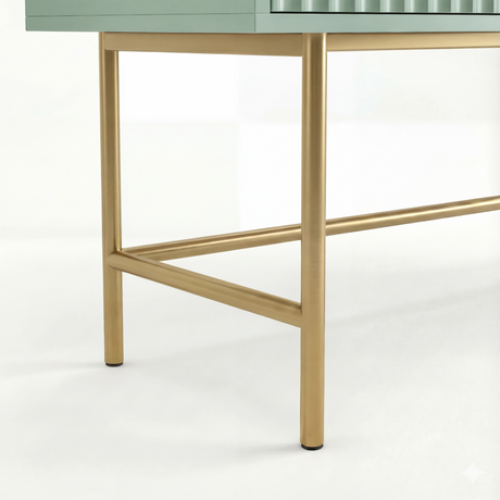 Close-up of the sturdy gold metal legs of a modern vanity dressing table in flutrina design, supporting its structure