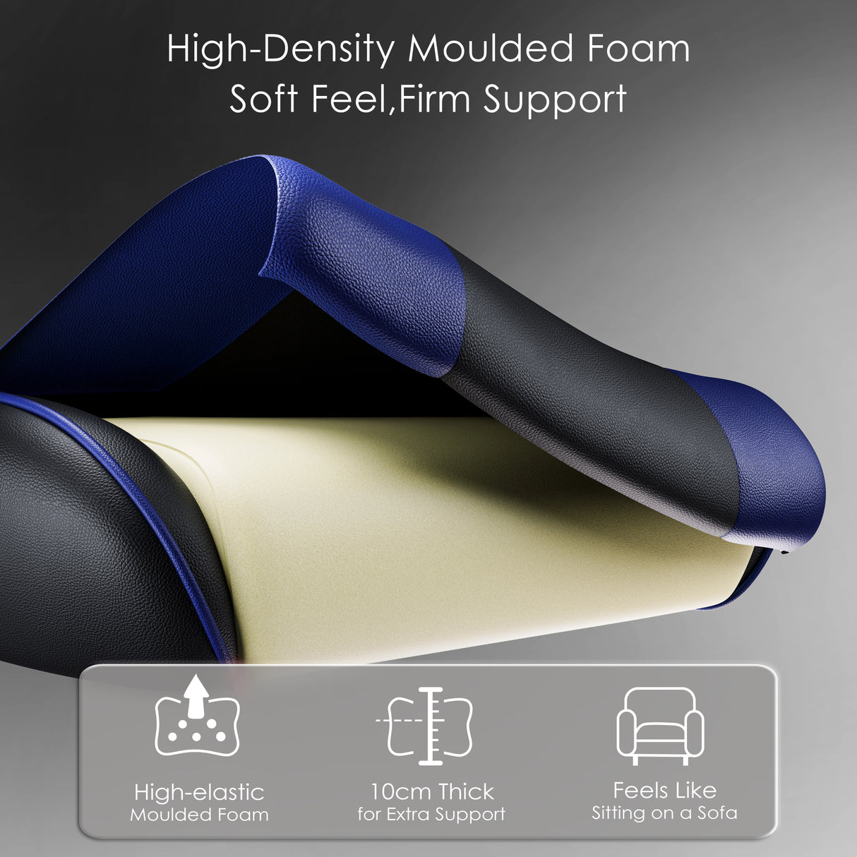 Cross-section of Xstriker Gaming Chair With Footrest showing high-density moulded foam for soft feel and firm support. Features 10cm thick cushioning.