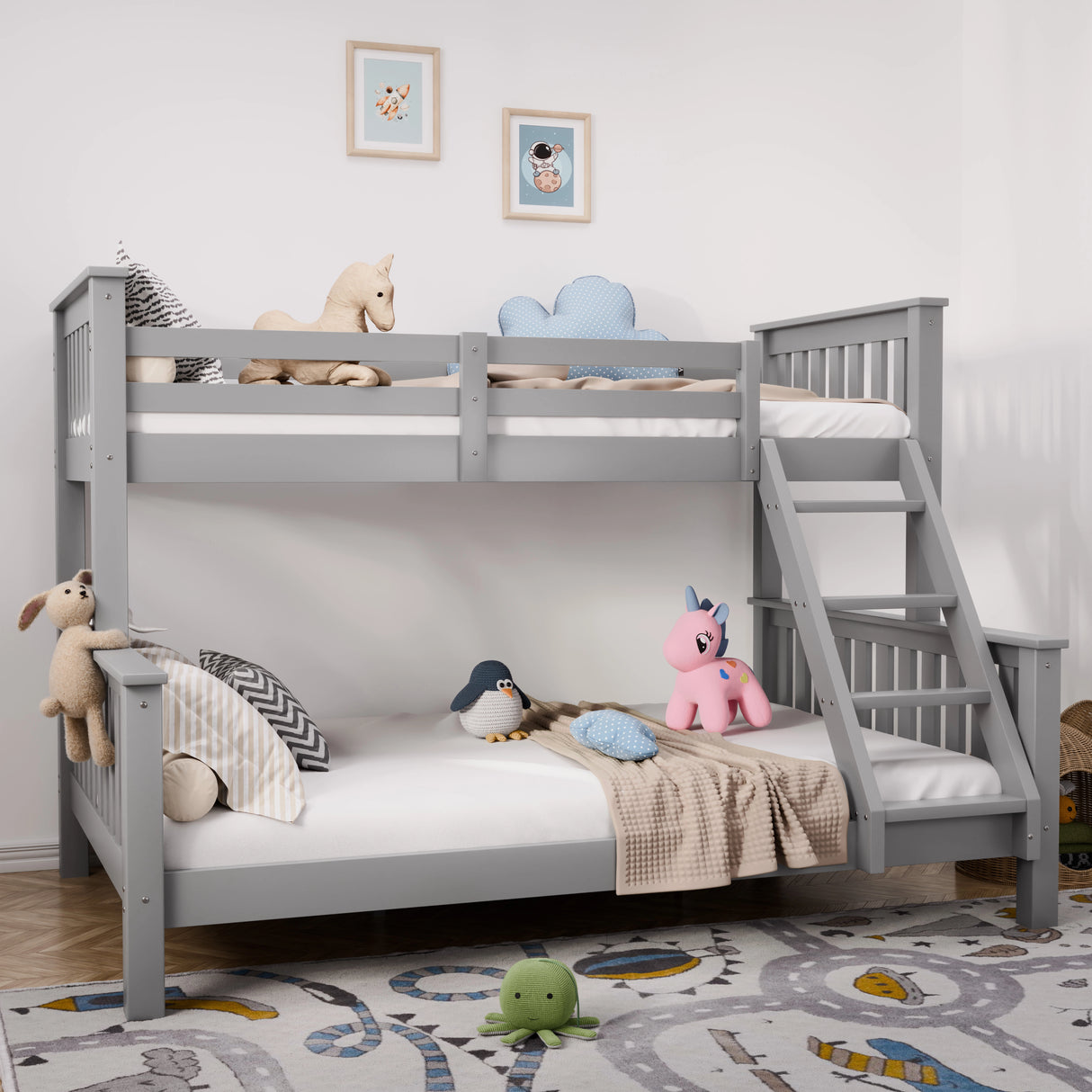 Gray bunk bed with toys in a child's room