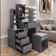 Gray dressing table with LED mirror, storage drawers, and stool for modern bedrooms.