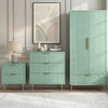 Green three-piece matching flutrina design bedroom set, including a wardrobe, chest of drawers, and bedside table