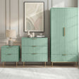 [Sage Green] three-piece matching flutrina design bedroom set, including a wardrobe, chest of drawers, and bedside table
