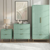 Green three-piece matching flutrina design bedroom set, including a wardrobe, chest of drawers, and bedside table