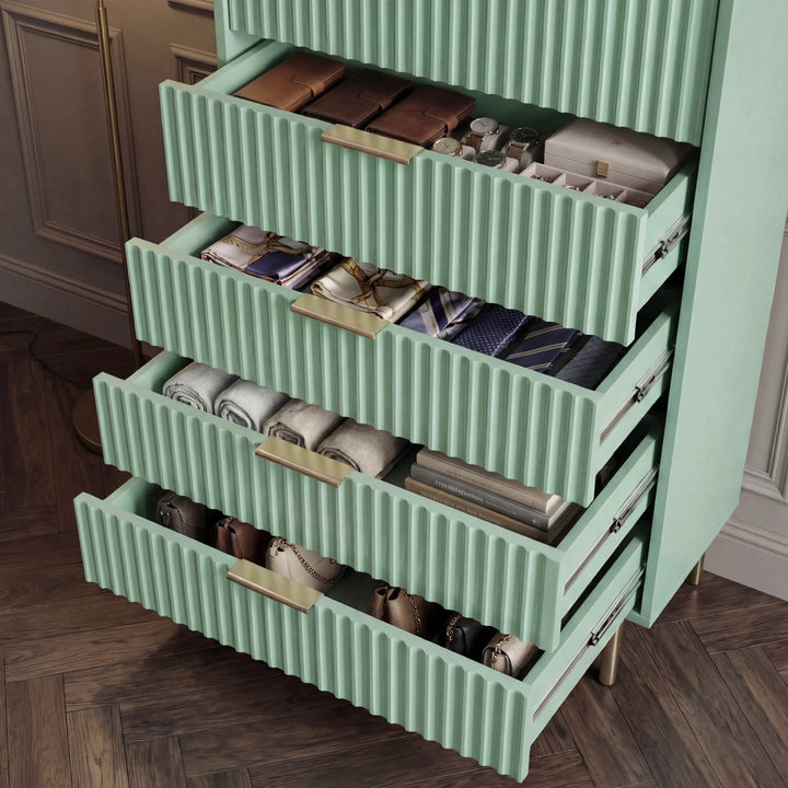 [Sage Green] Five-drawer green chest open storage configuration revealing internal compartments with golden metallic handles