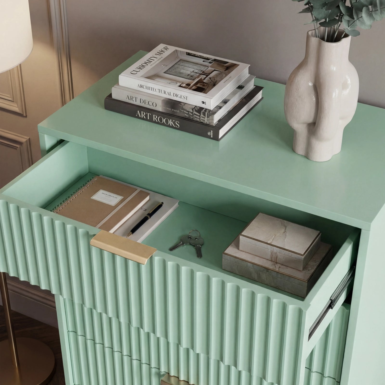 [Sage Green] flutrina chest top surface styled with decor emphasizing painted finish with golden handles