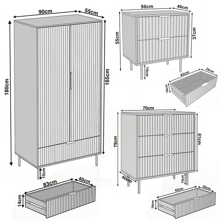 [Sage Green] Dimension diagram for green wardrobe, chest of drawers, and bedside table with its width, height, and depth, including drawer