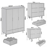 Dimension diagram for green wardrobe, chest of drawers, and bedside table with its width, height, and depth, including drawer