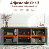 [Green | 170cm] Bellford TV unit with doors open and arrows showing three adjustable shelf height positions inside
