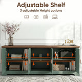 [Green | 170cm] Bellford TV unit with doors open and arrows showing three adjustable shelf height positions inside