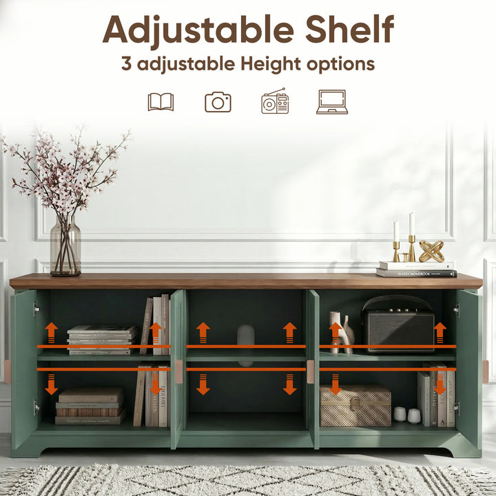 [Green | 170cm] Bellford TV unit with doors open and arrows showing three adjustable shelf height positions inside