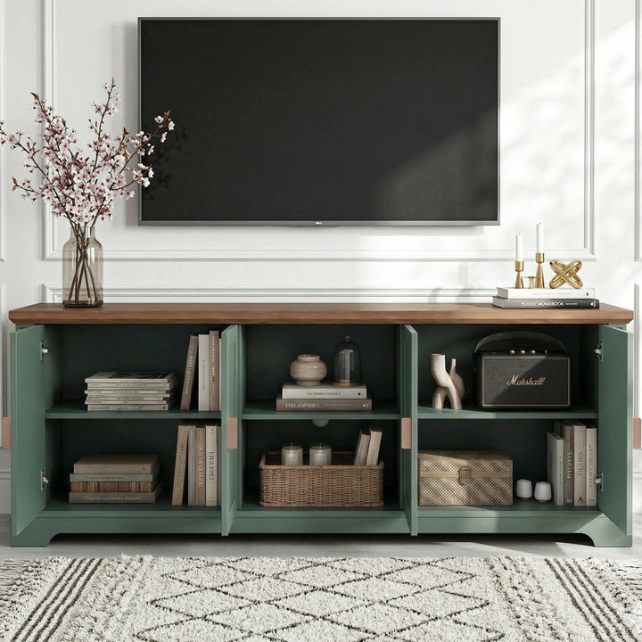 [Green | 170cm] Bellford TV unit with all doors open showing full internal storage with a speaker, vases, and baskets