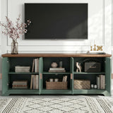 [Green | 170cm] Bellford TV unit with all doors open showing full internal storage with a speaker, vases, and baskets