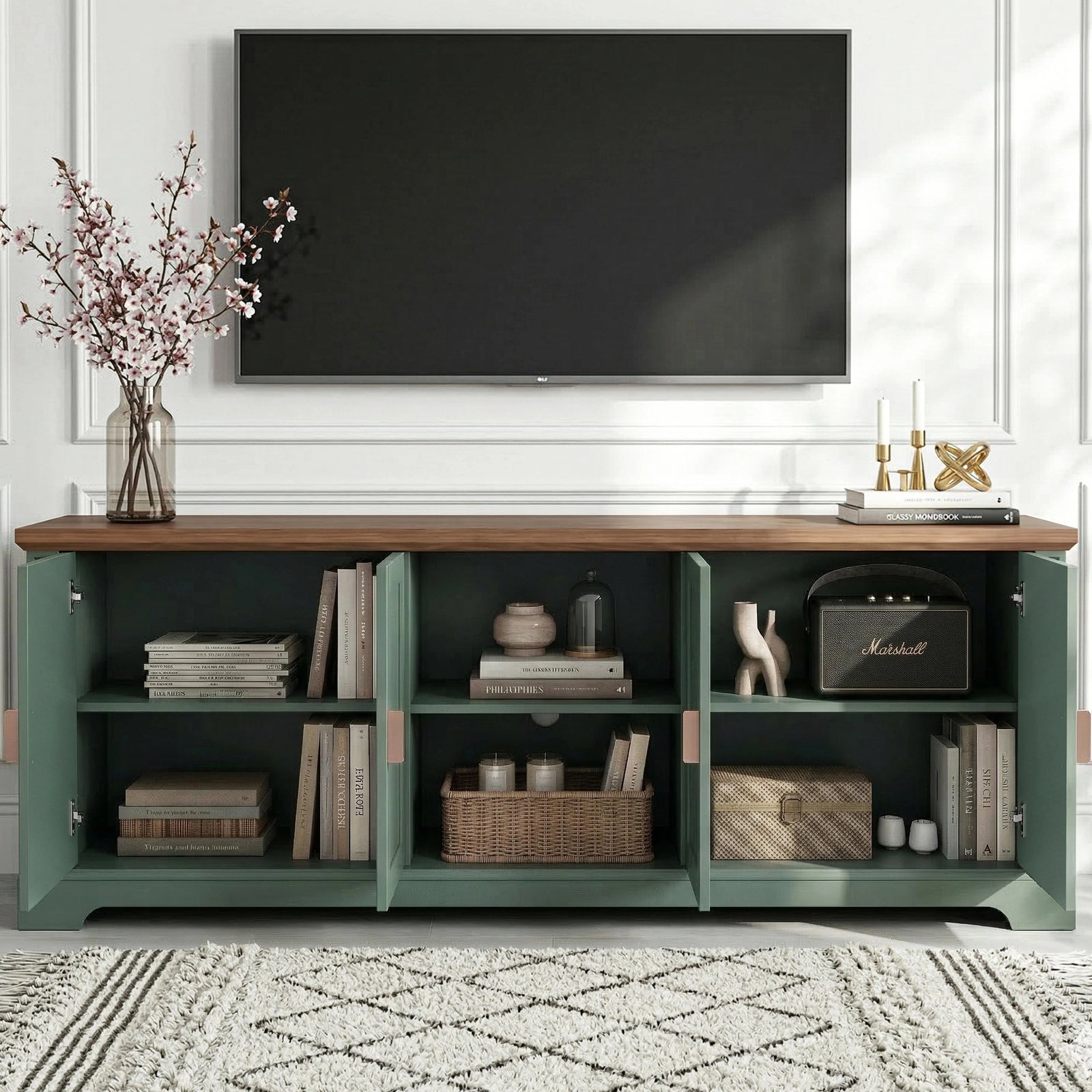 [Green | 170cm] Bellford TV unit with all doors open showing full internal storage with a speaker, vases, and baskets