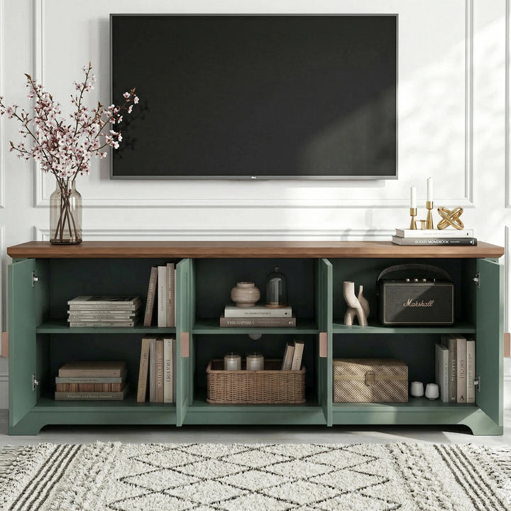 [Green | 170cm] Bellford TV unit with all doors open showing full internal storage with a speaker, vases, and baskets
