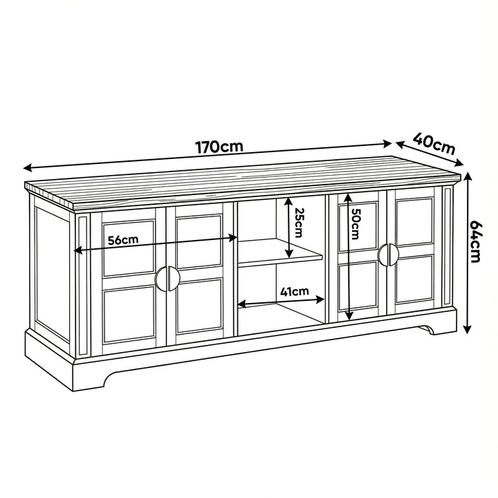 [Green | 170cm] Bellford TV unit dimension drawing showing W170 x D40 x H64cm with 56cm cupboard and 41cm centre