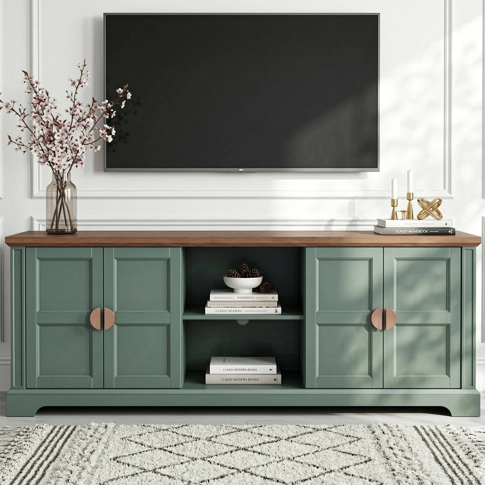 [Green | 170cm] Bellford TV unit front view in a bright living room with doors closed, books on open shelves, TV above