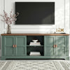 [Green | 170cm] Bellford TV unit front view in a bright living room with doors closed, books on open shelves, TV above