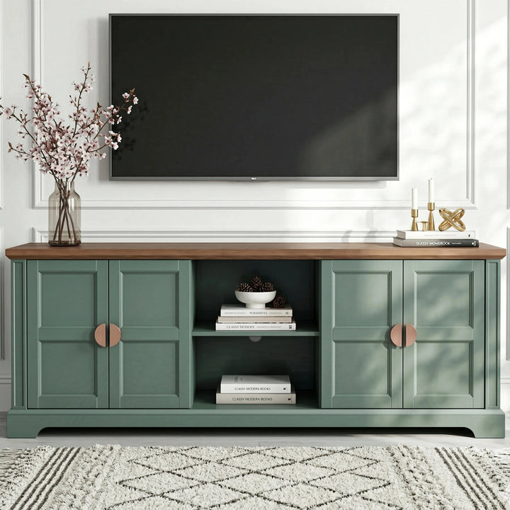 [Green | 170cm] Bellford TV unit front view in a bright living room with doors closed, books on open shelves, TV above