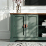 [Green | 170cm] Bellford close-up of golden half-moon handle against the green shaker door panel with oak top above