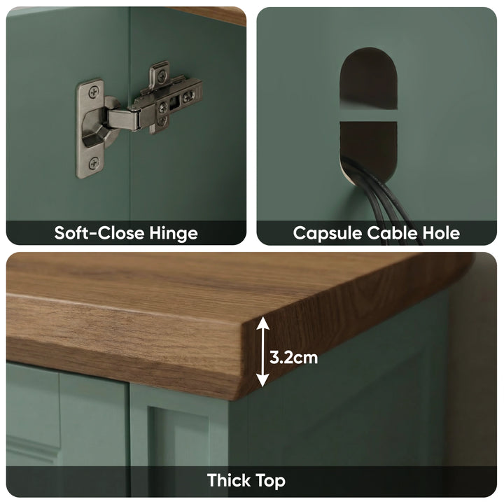 [Green | 170cm] Bellford detail showing soft-close hinge hardware, capsule cable routing hole, and 3.2cm oak top edge 