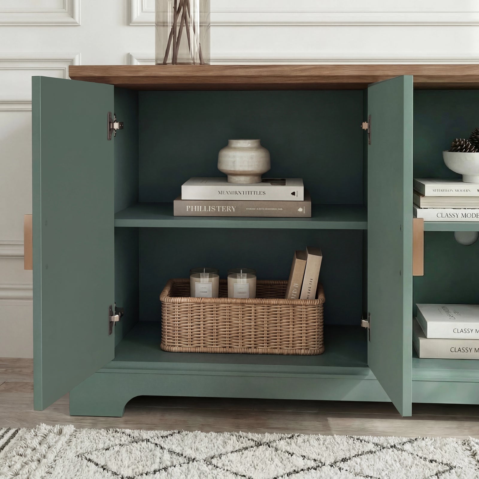[Green | 170cm] Bellford left cupboard open revealing two shelves with books, a wicker basket, and soft-close hinges