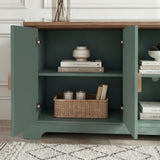 [Green | 170cm] Bellford left cupboard open revealing two shelves with books, a wicker basket, and soft-close hinges