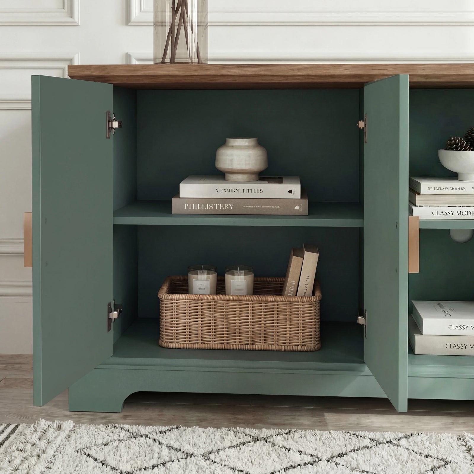 [Green | 170cm] Bellford left cupboard open revealing two shelves with books, a wicker basket, and soft-close hinges