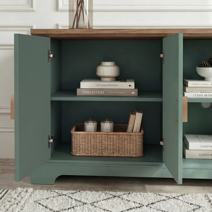 [Green | 170cm] Bellford left cupboard open revealing two shelves with books, a wicker basket, and soft-close hinges