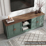 [Green | 170cm] Bellford TV unit from above with oak effect top holding pillar candles, glass vases, and books 