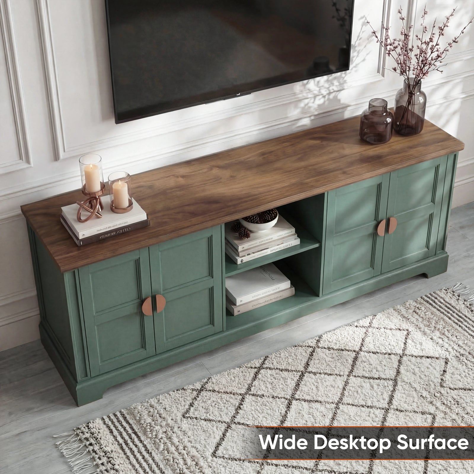 [Green | 170cm] Bellford TV unit from above with oak effect top holding pillar candles, glass vases, and books 