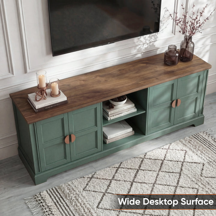 [Green | 170cm] Bellford TV unit from above with oak effect top holding pillar candles, glass vases, and books 