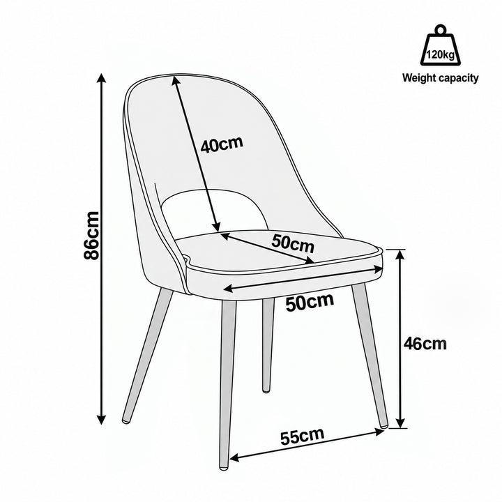 [Green | Set of 4] Comfy chair diagram: 86cm height, 46cm seat height, 50x50cm seat, 40cm back, 55cm leg span, 120kg limit.