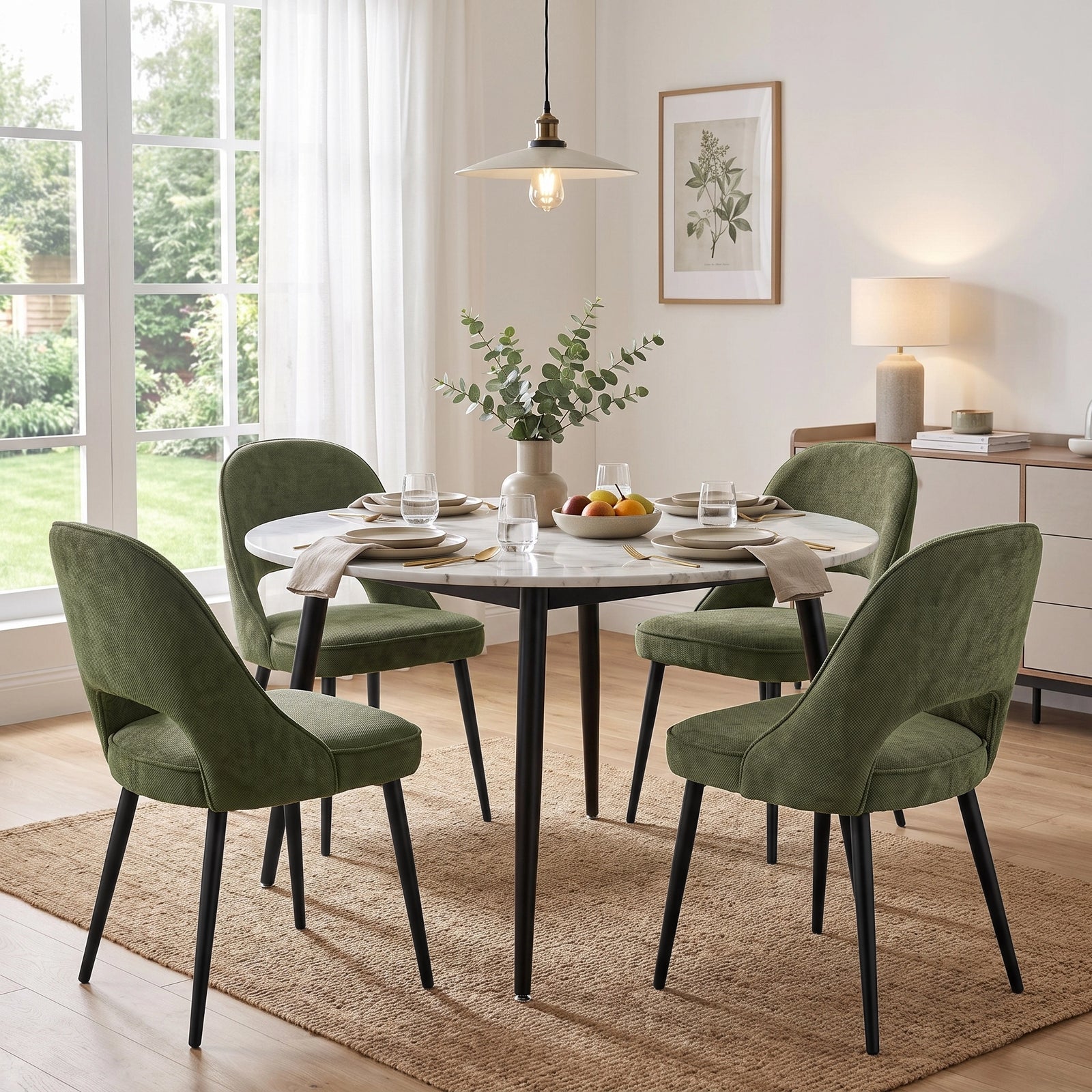 [Set of 4 | Green] Four comfortable dining chairs around a round table styled with plates, glasses, fruit and a vase.