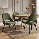 [Set of 4  | Green] Four curved-back dining room chairs with piped seats and black legs arranged around a light wood table.